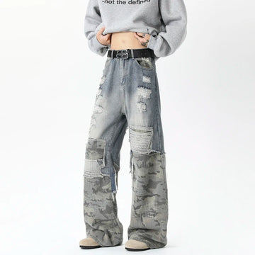 Riolio Camouflage Wide jeans men Ripped Patchwork New Mainstream Hip Hop Skateboard Men Women Streetwear High Street Super Loose Jeans